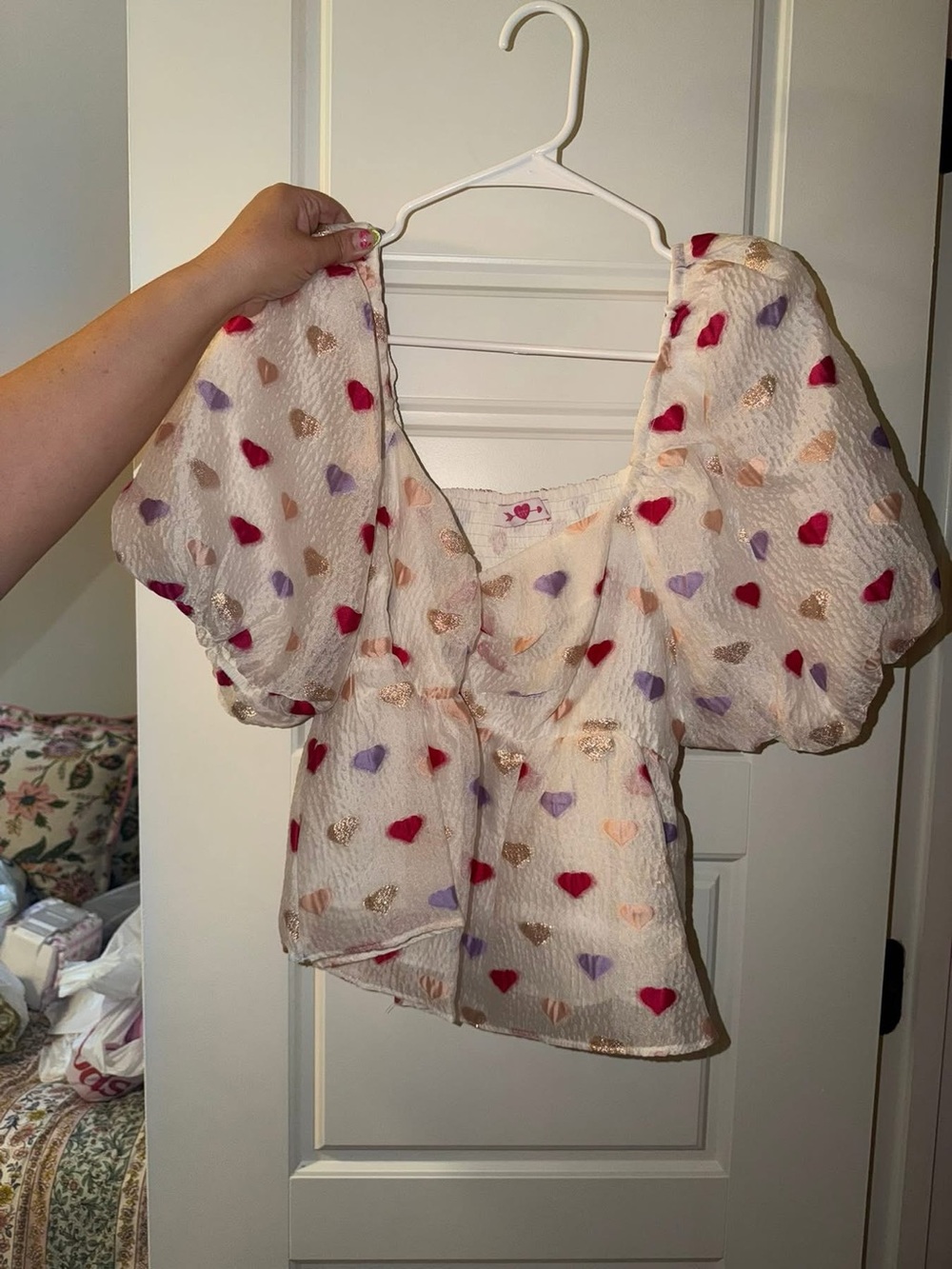 Buddy Love Cream Puff Sleeve Top with Red, Purple & Gold Hearts
